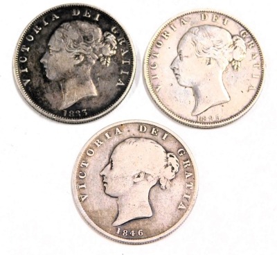 Three Victorian and later silver half crowns, comprising 1846, 1833 and 1885, 41.4g all in. (3) - 2