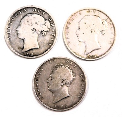 Three George IV and later silver half crowns, comprising 1825, 1885 and 1887, 41.3g. - 2