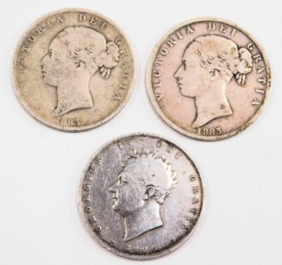 Three George IV and later silver half crowns, comprising 1825, 1883 (x2), 27.1g all in. (3) - 2