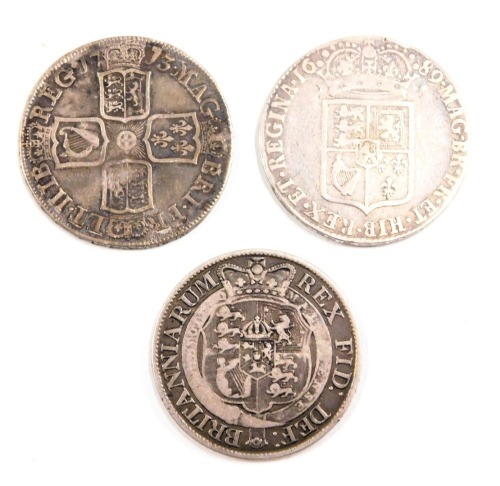 Three 18th and 19thC silver crowns, comprising George III 1819, Anna 1713 and Gustav 1689, 43.1g all in. (4)