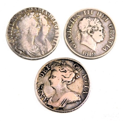 Three 18th and 19thC silver crowns, comprising George III 1819, Anna 1713 and Gustav 1689, 43.1g all in. (4) - 2