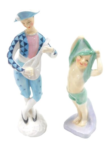 A Royal Doulton porcelain figure, modelled as Harlequin, HN2185, together with To Bed, HN1806.