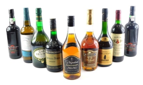 A collection of spirits, etc., to include Martell V.S cognac, Napoleon brandy, various types of sherry, etc.