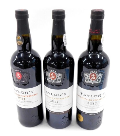 Three bottles of Taylor's Late Bottled Vintage port, 2011, 2012 and 2013.