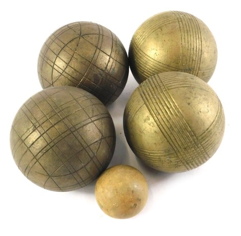 A four ball brass boulle, set and jack, each in a box.