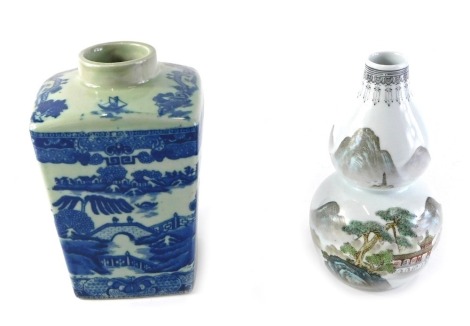 A Republic style Chinese double gourd shaped vase, decorated with a rural scene with figures, boats, buildings, etc., square seal mark to underside and stamped hand painted made in china, 20cm high, and a modern Chinese blue and white vase, 19cm high.