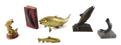 Various models of fish, to include salmon and carp, resin, brass, etc.