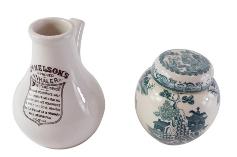 A Masons Twinings Tea ginger jar and cover, and a Doctor Nelson's inhaler. (2)