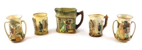 A pair of Royal Doulton series ware loving cups, each decorated with scenes of Sir Roger de Coverley, a Bill Sykes bill vase jug, and an Old Curiosity Shop jug. (5)