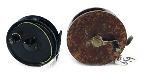 An alloy reel, 10cm diameter, and an Allcock Gilmour reel, 9cm diameter, in a Pridex box.