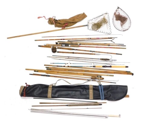 An aluminium gaff, with screw attachment, bamboo handle, and various fishing rods, landing nets, etc. (a quantity)