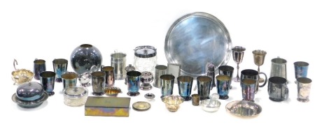 A silver plated RAF tray, a quantity of silver plated tankards, to include RAF trophies, etc.