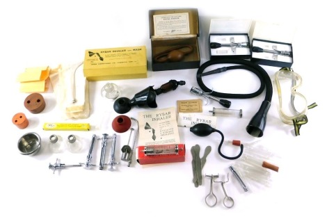 Two boxes containing various items of vintage dental equipment, to include a Rybar inhaler with mask, etc.