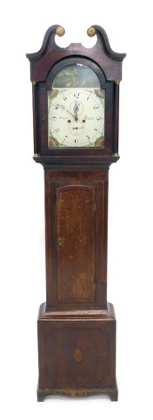 A 19thC longcase clock by Wright of Barton, the arched dial painted with a farmer with dog and sheep, with an eight day movement, in a mahogany cross banded and chequer banded case, 218cm high.