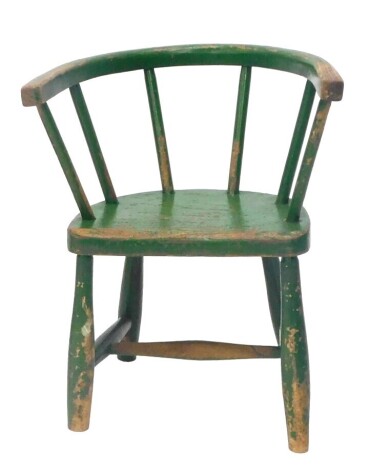 A green painted child's Windsor captain's style chair, on turned legs with H stretcher.