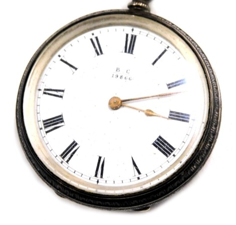 A Victorian silver fob watch, with engine engraved floral case, with a vacant cartouche, white enamel dial with Roman numerals stamped BC19866, key wind, serial number 19866, London 1882, with a silver plated watch chain, with floral enamel decoration, 74