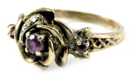 A rose decorated dress ring, of crossover design set with amethyst and CZ stone, on a silver gilt band, ring size S½, 5.5g all in, boxed.