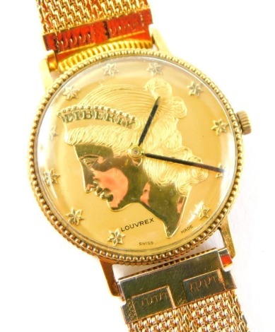 A gent's fashion watch, the face formed as a Liberty coin stamped Louvrex, on a plated strap, with base metal inner cover and seventeen jewel Swiss movement with yellow metal back stamped 14k, the back 2.5g.