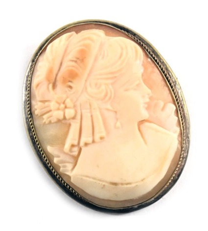 A cameo brooch, the oval cameo depicting figure in flowing hair, in a plated rope twist border, 4cm x 3cm, on single pin brass back.