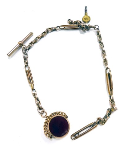 A watch chain, with 9ct gold framed swivel agate fob, on a silver plated bar watch chain with T bar and watch key, 34cm long.