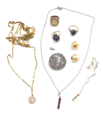 A group of silver and other jewellery, comprising a dress ring set with white and blue paste stones, white metal stamped 928, two unmarked dress rings one set with lapis, white metal pendant and chain, clip on earrings, costume jewellery, etc. (a quantity