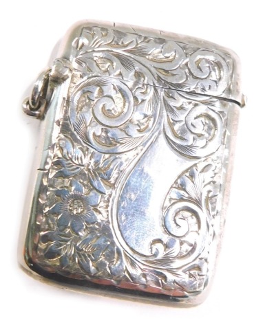 A Edward VII silver Vesta case, with scroll engine engraved decoration and a vacant rectangular cartouche, make S&A, Birmingham 1903, 0.74oz.