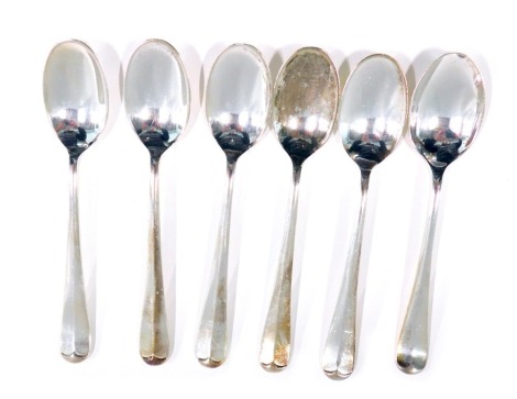 A set of four fiddle pattern Walker and Hall A1 plate teaspoons and two associated rattail pattern Walker and Hall spoons, plated.