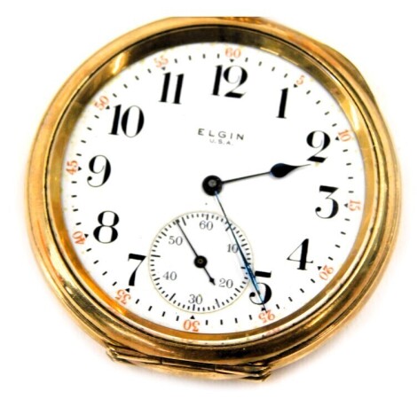 An Elgin USA gold plated pocket watch, with white enamel numeric dial, blue hands and seconds dial, bezel wind.