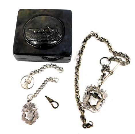 Silver part watch chains, curb link chain, T bar, and two shield fobs, 72g, and a Cornish pewter hunting scene trinket box.