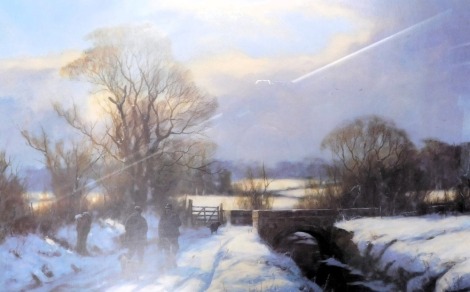 John Trickett. Winter shooting scene with figures, spaniels, etc., artist signed limited edition print number 46/850, 45cm x 62cm.