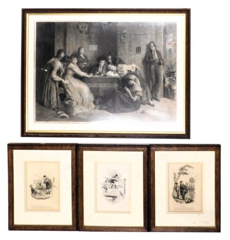 19thC School. A 19thC monochrome engraving depicting a Continental scene of a gentleman seated with various maidens, etc., 31cm x 59cm, and a set of three 19thC fishing prints titles Example, Gone and untitled.