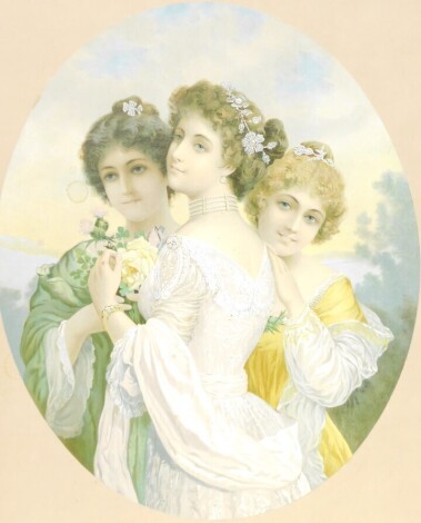 19thC School. Three maidens emblematic of Britain holding shamrock, thistle, etc., chromolithograph, oval, 53cm x 45cm, unframed.