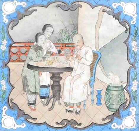 19thC Oriental School. Figure trying on glasses, watercolour within elaborate cartouche, 13cm x 14cm.