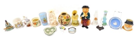 Ceramics, to include Toby jugs, Indian Tree vase, blanc de chine figure, a crested monument, etc.