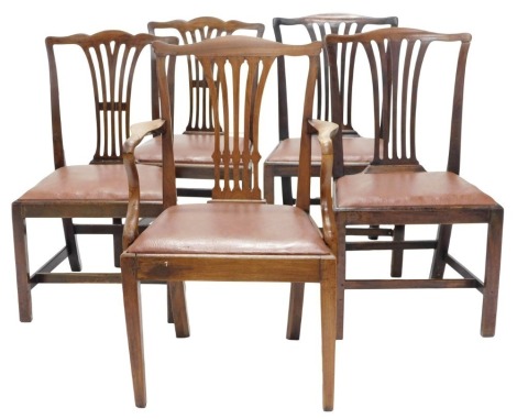 Five 19thC and later dining chairs, a 19thC oak open armchair and four associated side chairs each with a pieced splat