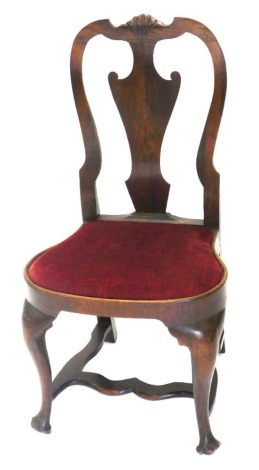 A George II oak country chair, with vase splat, drop in seats and cabriole legs, 50cm wide.