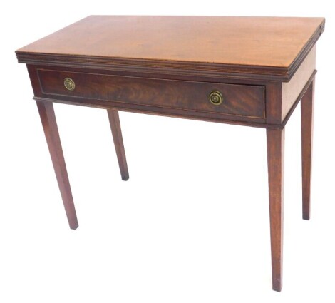 A 19thC mahogany tea table, with rectangular folding top, frieze drawer and square taper legs, 88cm wide.