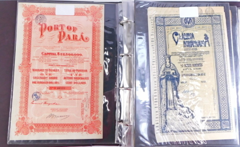 A group of European bond certificates, to include three French certificates for 1930s, Administration share bonds for Jamaica, 100 francs certificate, War Illustrated magazine, 50 dollar bond for Rio no. 014628, German Reichsmark bond for 1000 Reichsmark