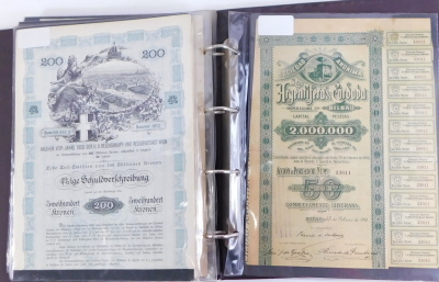 A group of European bond certificates, to include three French certificates for 1930s, Administration share bonds for Jamaica, 100 francs certificate, War Illustrated magazine, 50 dollar bond for Rio no. 014628, German Reichsmark bond for 1000 Reichsmark - 3