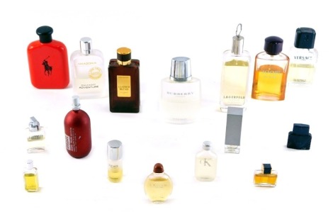 A quantity of aftershave, to include Versace, Eternity, Ralph Lauren, David Adventure, and others, empty and partially used bottles. (a quantity)