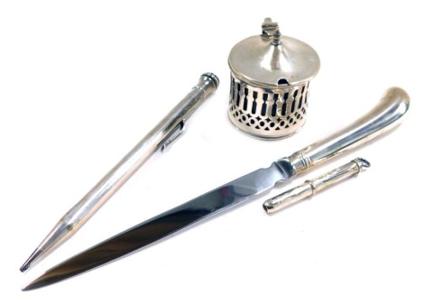 A group of small silver, to include a silver handled letter opener, lidded mustard pot with blue glass liner, and Eversharp sterling silver ballpoint pen, etc.