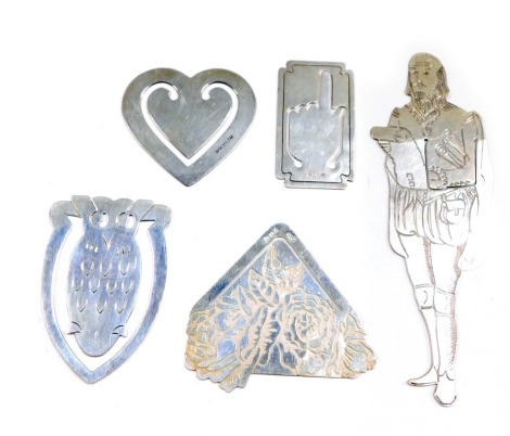 Five silver bookmarks, comprising William Shakespeare, owl, heart, roses and hand with one finger raised.