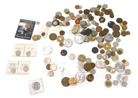 Various world coinage, tokens, etc., to include American 1923 dollar, further American coinage, Evacuation of Women and Children 1939 George VI threepence coin, five cent American coin, etc. (1 tin)