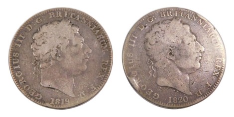 Two George III crowns dated 1819 and 1820, 55g.