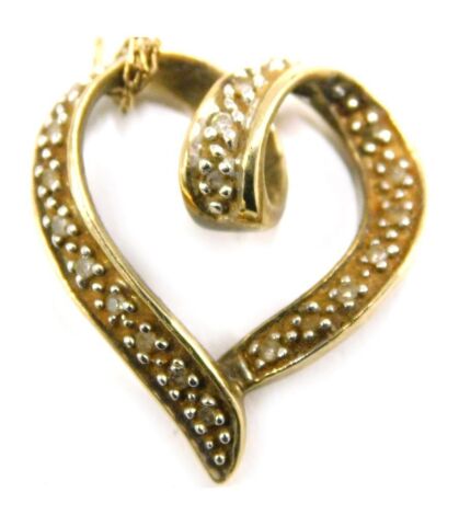 A 9ct gold heart shaped pedant and chain, the pendant set with cz stones, 2cm high, on a fine link neck chain, 46cm long, 2.8g all in.