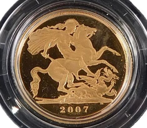 A Royal Mint United Kingdom gold proof full gold sovereign, dated 2007, with certificate of authenticity number 4500, boxed.