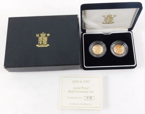 A Royal Mint gold proof half sovereign set, enclosing two half sovereigns dated 2004 and 2005, with certificate number 115, boxed.