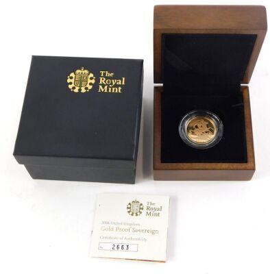 A Royal Mint gold proof full gold sovereign dated 2008, with certificate of authenticity number 2663, boxed. - 3