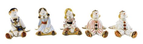 Five Royal Crown Derby porcelain paperweights from the Treasures of Childhood series, comprising Rag Doll, Fleur, Stripy Clown, Spotty Clown, and Rag Doll Sailor.