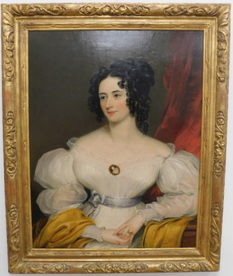 18thC British School. Half length portrait of a lady, oil on canvas, 88.5cm x 68cm. Stencil marks verso. - 2